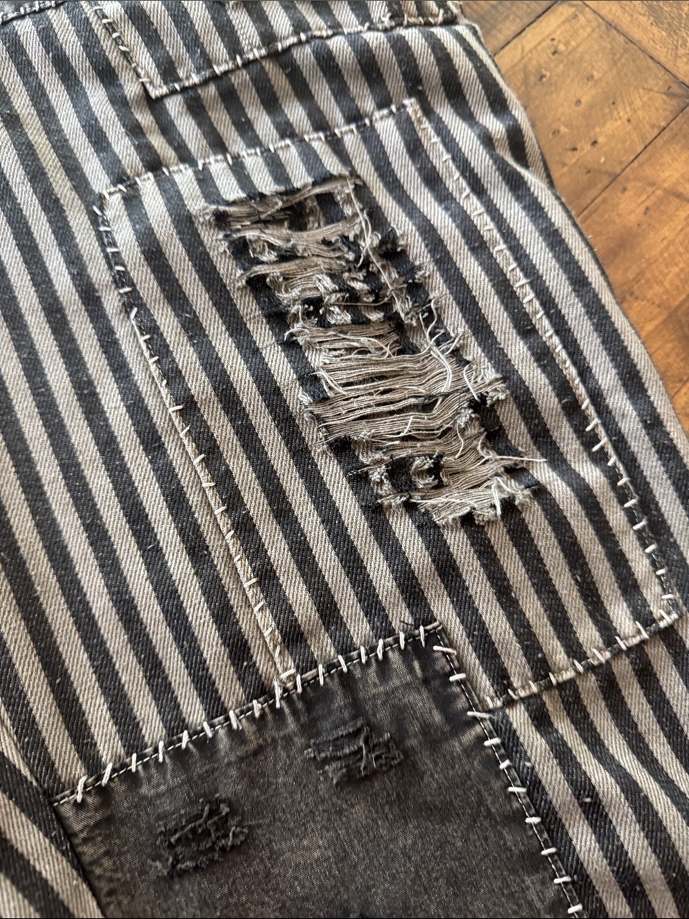 NWT Blue Velvet Striped Patchwork Pants in Black and Gray - Picture 13 of 14